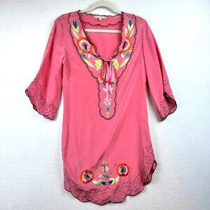 Vintage Nanette Lepore Floral Embroidered Silk Dress Sz 2 Shift Romantic FLAWED